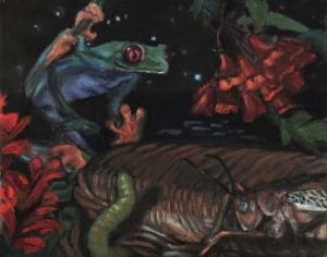 Painting of a frog and a cricket amidst leaves and flowers at night