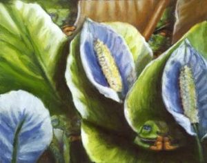 Painting of frogs sleeping among leaves and lily pads