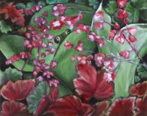 Painting of a frog peeking out from behind a green leaf among pink flowers