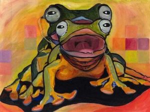 Painting of two frogs in the act of amplexus (laying and fertilizing eggs)