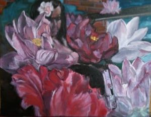 Painting of lotus flowers and varying shades of pink and white
